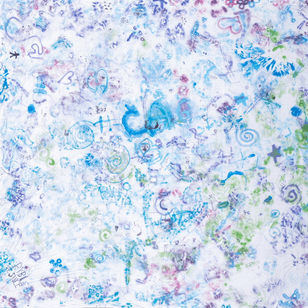 Plátno je vyhotoveno v modrých, zelených a fialových barvách a působí velmi jemně. Hlavními motivy jsou otisky květin, listů a různé ornamenty. Těmito barvami je zde vyhotoveno i několik spirál. Otisky slouží jako pozadí, na němž jsou náhodně umístěny velmi tenkou černou linkou postavy, anglické nápisy, květiny, lastury, jednorožec, který má místo hřívy květiny, rybka a hlavy různých postav.. Uprostřed plátna je patrný nápis: ČAG.