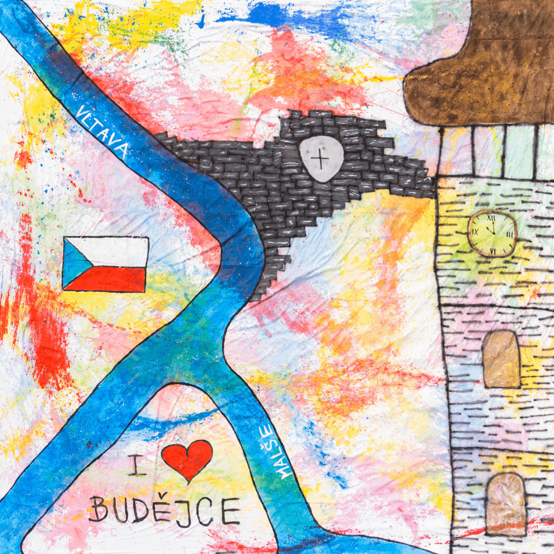 Plátno představuje mapu centra Českých Budějovic s důrazem na symboly města. Dominantním motivem jsou toky dvou modrých řek – Vltavy a Malše, které se spojují v centrální části obrazu. V místě jejich soutoku je umístěn nápis: „I ❤️ Budějce“. V pravé části plátna v celé jeho délce je při kraji Černá věž v černé konturové barvě. Na věži jsou hodiny, dvě okna, zdi jsou vykreslené pravidelným šrafováním. Uprostřed horní části, mezi řekami a věží, je tmavě šedivá dlažba Náměstí Přemysla Otakara II., uprostřed ní se nachází bílý oválný kámen s černým křížem, Bludný kámen. V levé části se nachází česká vlajka a celé pozadí plátna je výrazně probarvené – červenými, žlutými, růžovými a fialovými cákanci barvou. Plátno je vytvořeno kombinací sprejování, štětcových tahů a kresby černou konturou.