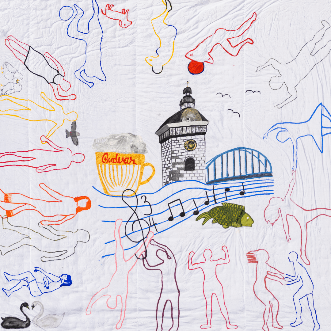 Plátno je koláží symbolů města a po obvodu obrysů postav. Uprostřed je umístěna Černá věž, kterou doplňuje Modrý most přes řeku Malši. Vlevo od věže je velký půllitr s nápisem Budvar v typickém červeném fontu. Kolem poletuje několik černých schématických ptáků. Pod věží je notová osnova s notami a houslovým klíčem. V středu je rovněž umístěný zelený kapr, v levém dolním rohu jsou ještě dvě labutě: černá a bílá, hlavami stočené k sobě, vytvářející siluetu srdce. Celé plátno je rámováno obrysy lidských postav, které mají různou barvu (modrá, červená, oranžová, žlutá, fialová, černá, bílá). Postavy se pohybují, běží, tančí, skáčou, komunikují, sportují nebo se drží za ruce. Plátno zůstává z velké části bílé, linie postav a symbolů jsou ale propracované, barvy syté. V celkovém dojmu převládá modrá, červená, oranžová a černá.