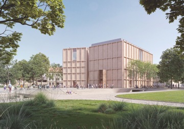 A visualization of the new Aleš South Bohemian Gallery building at Senovážné Square.