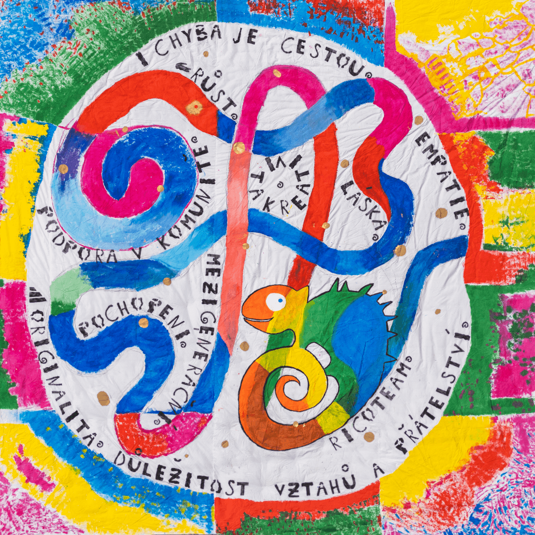 Plátno zaujímá velký barevný kruh, jehož hlavním motivem je chameleon, symbol skupiny, doplněný nápisem: Rico team. Přímo z chameleona vyrůstají různě barevní „hadi” v růžových, modrých, oranžových a červených odstínech, kteří se vinou vnitřkem kruhu. Vnější část kruhu tvoří barevné silné linie v růžové, modré, oranžové, zelené a červené barvě, které se rozpíjí až do rohů plátna.